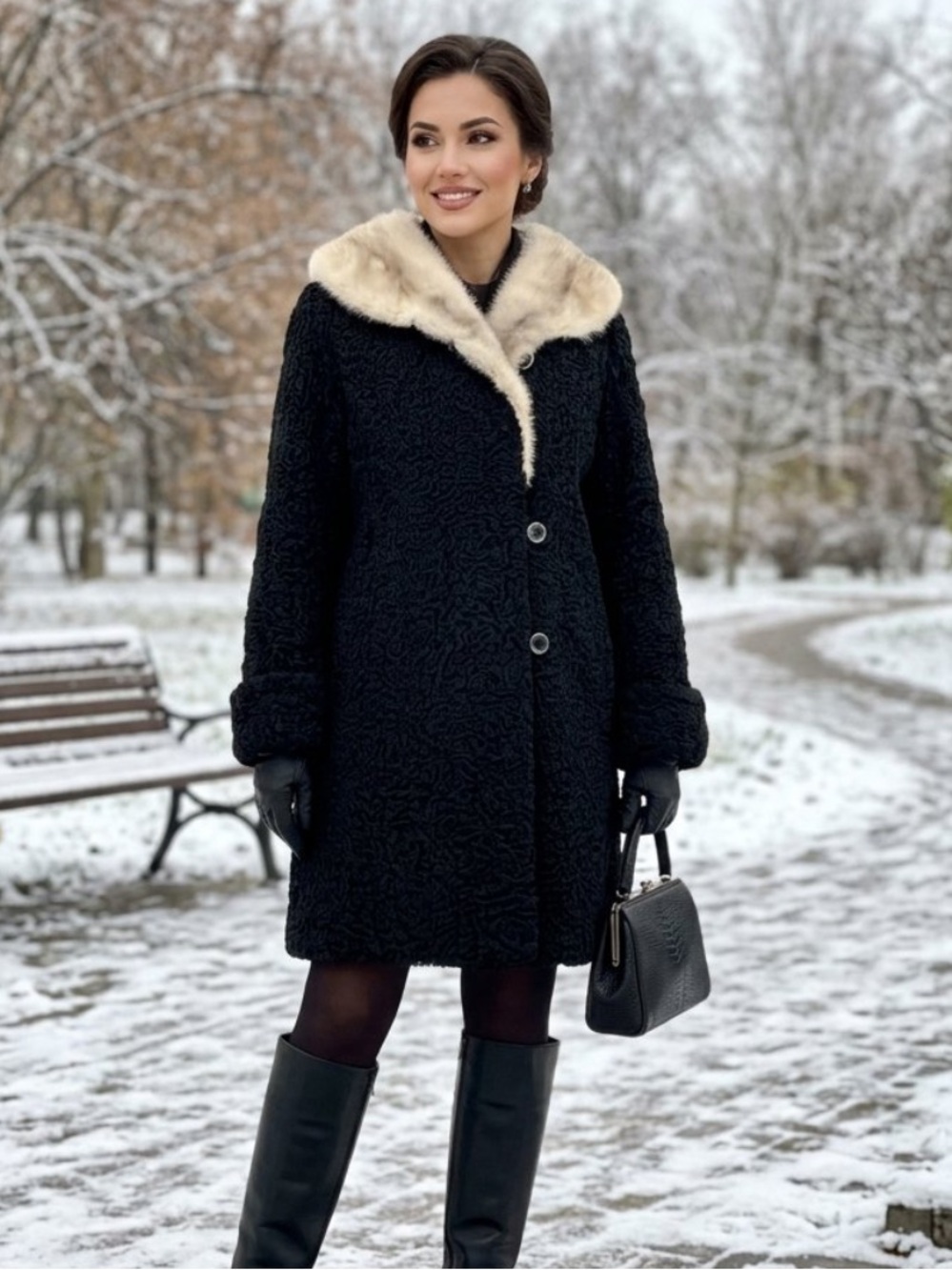 Western Furs Persian Lamb Coat with Cream Mink Fur Collar